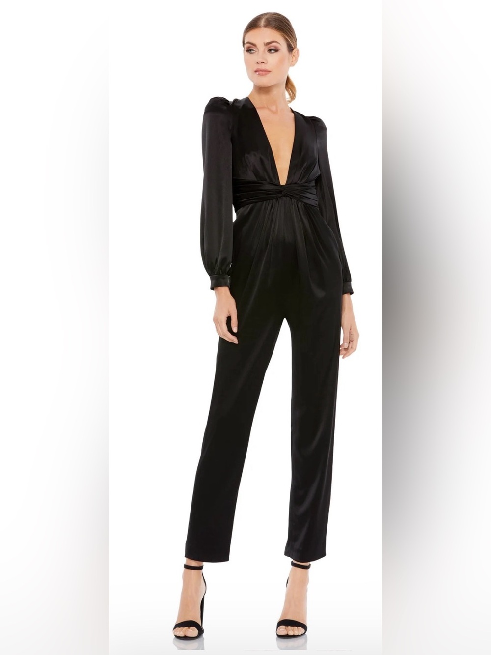 Ieena for Mac Duggal Elegant Satin Black Jumpsuit Plunge Neckline. Size 8. NWT.